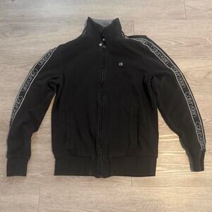 Calvin Klein Women's Small Black Tech Jersey Full Zip Jacket Logo Sleeve Taping